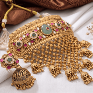 Parure de collier ras-du-cou tendance en laiton plaqué or, style temple, avec pierres multicolores et jhumkis suspendus, idéale pour un anniversaire - Product Image 2