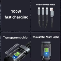 Chargeur 100W affichage numérique câbles de charge super rapide bande transparente Type C IOS Micro 3 en 1 câble de données de tissage en nylon