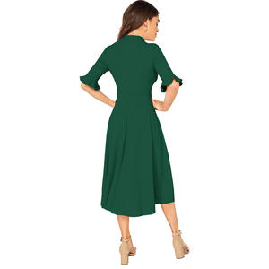 بيع بالجملة عالية الجودة للنساء أنيق مضلع محبوك جرس كم فستان بلون مستدير الرقبة عارضة الخروج فساتين متواضعة - Product Image 4