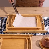 Lot de 4 grands plateaux de service en bambou avec poignées, plateaux décoratifs en bambou pour le petit-déjeuner, la cuisine, les pique-niques et les collations