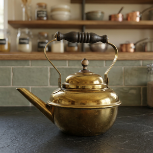 Bouilloire à thé vintage en laiton avec couvercle et poignée en bois, pot à eau en métal au design classique - Product Image 2