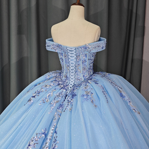 Robes de Quinceañera longues à traîne, style Empire, en dentelle bleu clair, brodées, taille plus, pour 6792 - Product Image 6