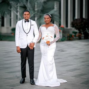 Elegantes Vestidos de Novia de Lujo de Nigeria con Apliques de Perlas y Encaje, Manga Larga, Cuello Redondo, Aso Ebi, Largos hasta el Suelo, Estilo Sirena/Trompeta - Product Image 2