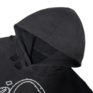 Sudadera con Capucha para Hombre, Estilo Vintage, Negra Lavada, con Estampado de Letras, Manga Larga, con Pedrería Vertical, de Alta Calidad, Talla Grande - Product Image 3