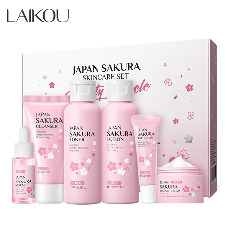 Laikou krim perbaikan wajah, produk wajah sakura Jepang 6 buah set Perawatan Kulit vegan profesional, krim perbaikan pencerah anti-penuaan