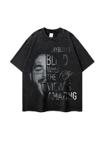 T-shirt décontracté pour homme Preety American High Street, imprimé lettres, délavé, à manches courtes, en polyester, coupe ample