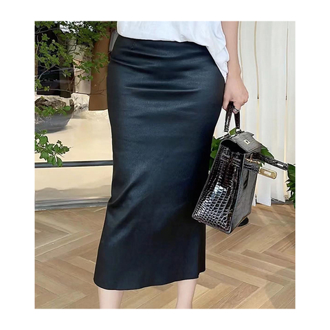 3335 Hot Sale Sexy Genuine Leather Women's Skirts Elastic Waist Black Split Long Sheep Skin Leather Skirt