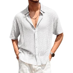 2025 <b>Men's</b> Button Down Casual Summer Tops XL Size Fashion <b>Shirt</b> with Crochet Hollow Out Knit <b>Short</b> <b>Sleeve</b> Sweater ODM Supply - Product Image 1