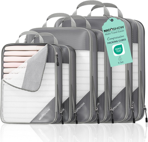 6 Set Tas Kompresi Ritsleting Nilon untuk Perjalanan, Ringan, Hemat Ruang, Perlengkapan Esensial Wanita, Abu-abu, Set <span class=keywords><strong>Organizer</strong></span> Tas Perjalanan - Product Image 1