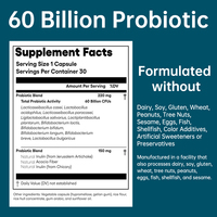 Probiotiques naturels végétaliens sans OGM pour la santé immunitaire, digestive et intestinale des femmes et des hommes, 60 milliards d'UFC, capsules avec prébiotiques