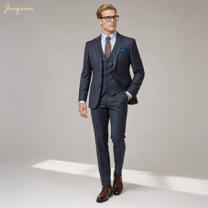Completo <span class=keywords><strong>Uomo</strong></span> Premium a Righe Grigie, 3 Pezzi, Vestibilità Slim in TR Elasticizzato, Personalizzabile OEM con MOQ Basso per Vendita all'Ingrosso - Product Image 1