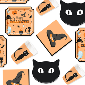 DAMAI Halloween <b>Black</b> Cat and Hat Tableware <b>Set</b> and Disposable Paper <b>Dinner</b> Plates Dessert Plates Tableware <b>Sets</b> - Product Image 2