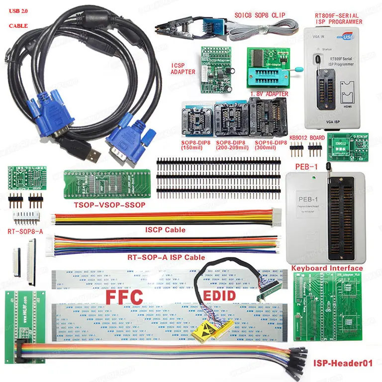 RT809F + SOP 8 IC 클립 + 모든 어댑터 + PEB-1 프로그래머 마더 보드 LCD 리더 및 ISP