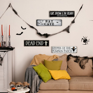 Décoration murale graphique effrayante <span class=keywords><strong>pour</strong></span> Halloween : long panneau métallique avec motifs <span class=keywords><strong>pierre</strong></span> <span class=keywords><strong>tombale</strong></span>, chauve-souris, araignée et épouvantail - Product Image 4