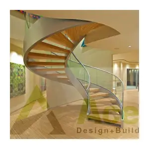 ACE-escaleras de barandilla de Vidrio Curvo para Interior, escalera de madera sólida de acero inoxidable para interiores