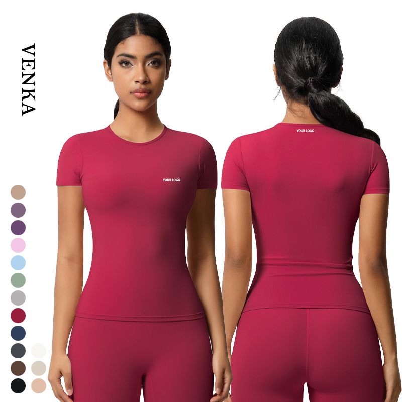 Soft Nude Feeling Fabric Women Gym Fitness Wear Round Neck Slim Fit Sportswear Women's Short Sleeve Yoga Workout T Shirt