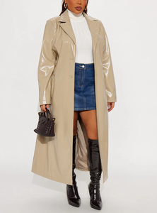 Manteau long <span class=keywords><strong>trench</strong></span> personnalisé pour femme <span class=keywords><strong>en</strong></span> similicuir verni, col <span class=keywords><strong>à</strong></span> revers, <span class=keywords><strong>ceinture</strong></span> intégrée, pour le quotidien, la rue et les soirées - Product Image 5