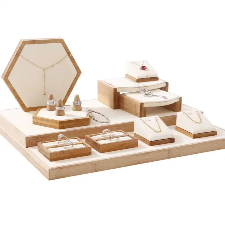 Set Perhiasan Kayu Bambu Indah Display Props Anting Kalung Gelang Table Showcase Organizer