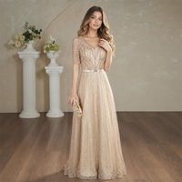 Robe de soirée longue couleur or champagne, col en V, coupe trapèze, ornée de perles et de sequins, à manches courtes, broderie florale, sur mesure, vente en gros