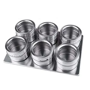 Hot Sale Transparent Window Condiment Spice Set Stainless Steel 6pcs Magnetic Spice Jar Set