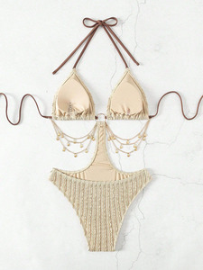 Traje de baño monokini rojo halter de una pieza para mujer, sexy, con cuello en V profundo, ahuecado, con cadena y anillo, acanalado, ropa de playa OEM - Product Image 5