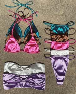 Bikini üreticisi yüksek kalite özel saten kız kadınlar için Bikini seti yüksek bel tanga Bikini - Product Image 4