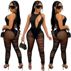 Sexy unregelmäßiges Outfit Einteiliges Sommer frauen Hohl hosen mit hoher Taille Mesh 2-teiliges Set