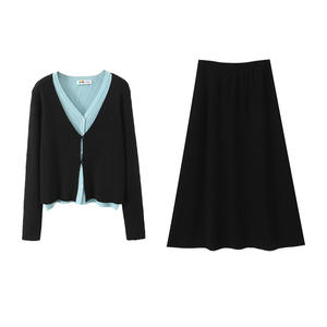 Ensemble jupe et cardigan en tricot pour femme Happy Plus, manches longues, couleur unie, col en V, taille plus, vêtements d'automne et d'hiver N9295 - Product Image 2