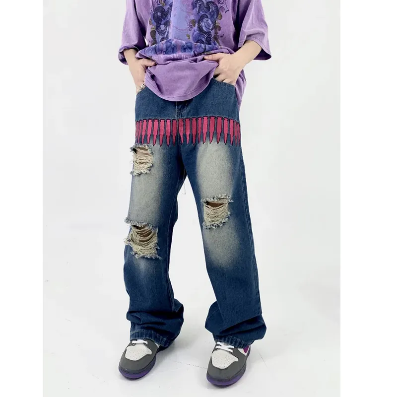 Custom Jeans For Men Logo Embroidery Design Trends Tear Jeans Pants For Men Horn Straight Blue Y2K Trousers