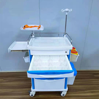 Chariot médical d'urgence ABS pour hôpital avec cinq tiroirs de rangement et étagère pour défibrillateur, pour utilisation en soins intensifs