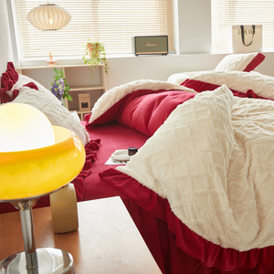 Phong Cách Hàn Quốc Dệt Taffeta Nhung 400TC Hữu Cơ 4-Mảnh Thiết Lập Màu Đỏ Giường Váy Duvet Bìa Cho Đám Cưới & Nhà Sử Dụng - Product Image 3