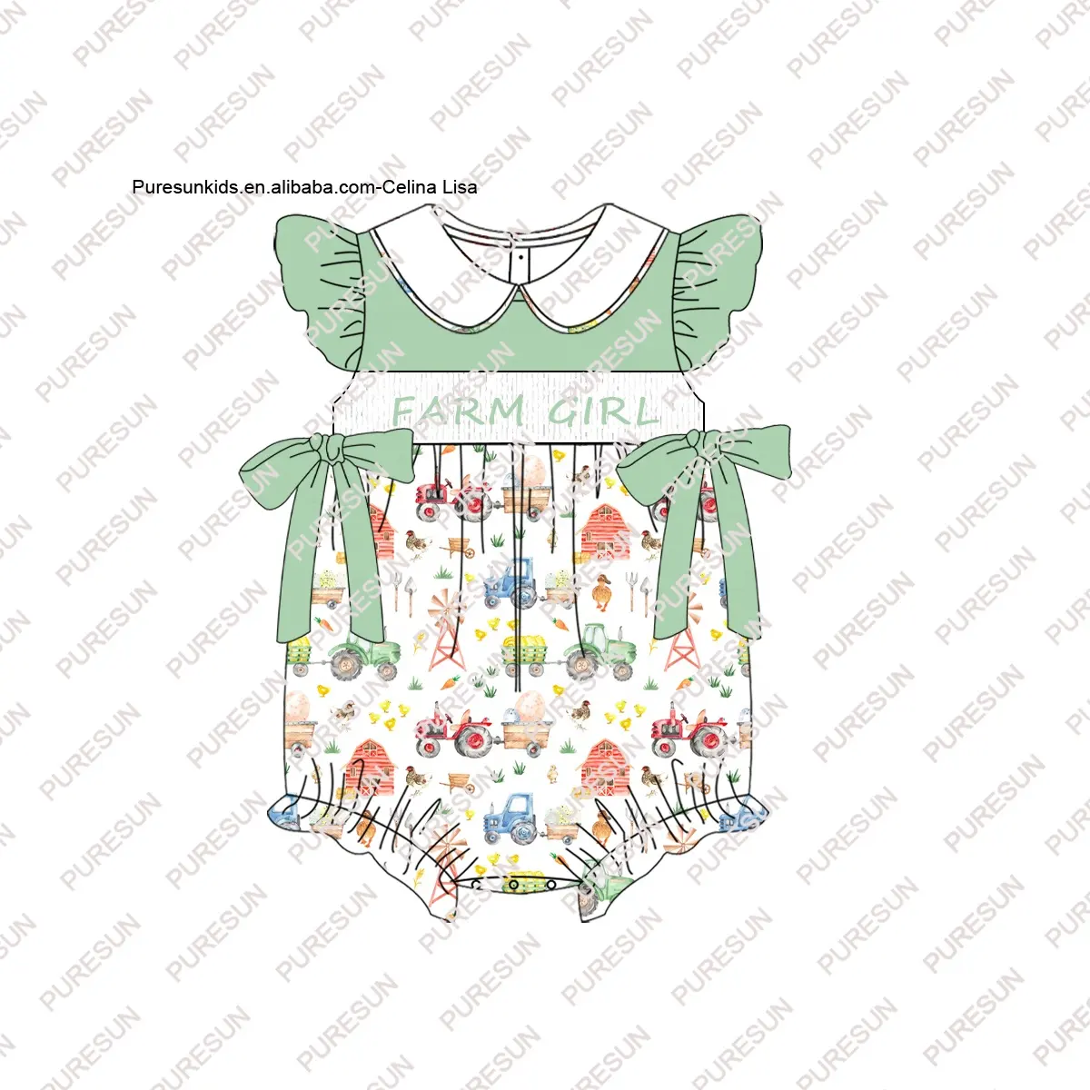 Puresun customize boutique kids clothes farm girl embroidery ruffle shorts outfit animals printed toddler sibling set