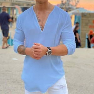 Camicia da <span class=keywords><strong>Uomo</strong></span> di Alta Qualità con <span class=keywords><strong>Scollo</strong></span> a <span class=keywords><strong>V</strong></span>, <span class=keywords><strong>T</strong></span>-<span class=keywords><strong>shirt</strong></span> in Cotone e Lino a Tinta Unita, <span class=keywords><strong>Manica</strong></span> <span class=keywords><strong>Lunga</strong></span> - Product Image 6