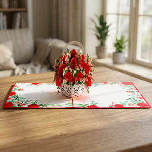 Carte de vœux 3D pop-up en forme de lune, panier de fleurs personnalisé, roses rouges, fleurs roses, Saint-Valentin, fête des mères, anniversaire - Product Image 2