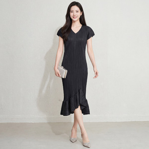 PY 2026 Novedades Vestido Casual Ecológico Plisado para Mujer, Moda con Cuello Redondo, Texturizado, Elegante, con Volantes, Largo hasta la Rodilla, Cintura Natural - Product Image 2