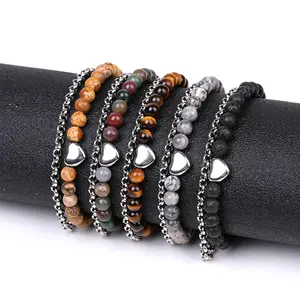 Großhandel Herren Damen Schmuck 6mm Lava-Quarz Hämatit Tiger-Auge Naturstein Perle Edelstahl Herz-Armbänder mit Kette