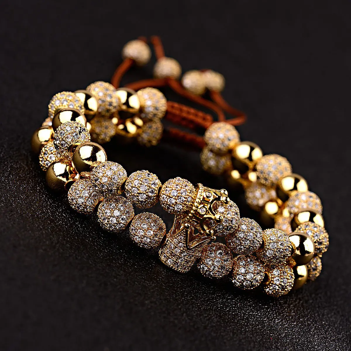 Luxury Hand Jewelry Zircon diamond 8mm Copper Bead elastic Bracelet Micro Pave CZ King Crown Macrame Bracelet