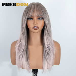 FREEDOM Perruque Lace Front en fibre haute température avec frange, 20 pouces, lisse, dégradée, pré-coupée, pour blonds et bruns, pour <span class=keywords><strong>cosplay</strong></span> rose - Product Image 2