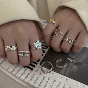 แหวนหน้ายิ้มแนววินเทจแหวนคู่รักชุบเงินแบบไทยปรับได้เครื่องประดับแฟชั่น - Product Image 3