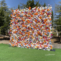 Mur de fleurs artificielles en soie colorées 8x8 pieds, panneau enroulable fait main pour la décoration de mariages, de Noël et d'événements