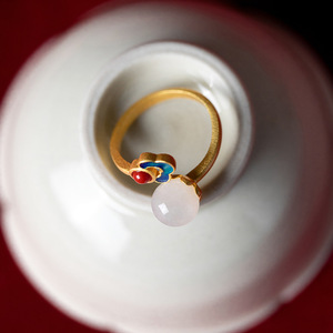 Sterling Silver Antique Gold <b>Ring</b> With Natural Hetian <b>Jade</b> Enamel Chinese Style Open Design Flower Shape Auspicious Clouds - Product Image 3