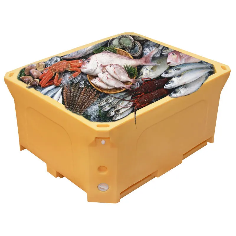 600Lヘビーデューティー大容量ストレージ通常のhdpe二重壁積み重ね可能な魚蓋付き断熱プラスチックパレットボックス