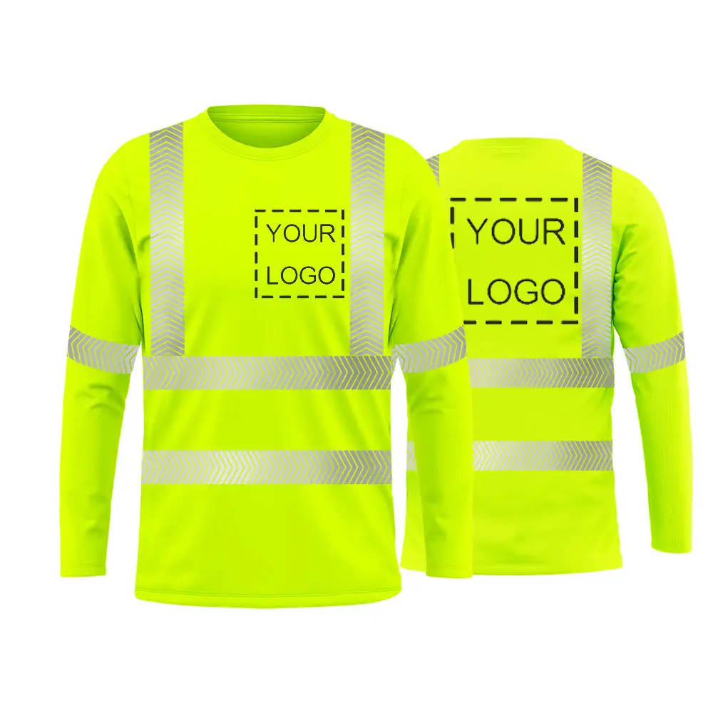 เสื้อยืดแขนยาวสำหรับผู้ชายเสื้อทำงาน Hi Viz มีกระเป๋าเสื้อยืดเพื่อความปลอดภัยสะท้อนแสงมองเห็นได้ชัดเจนแบบกำหนดเอง