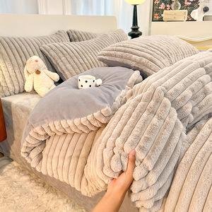 Hot Thiết Kế Mới Thỏ Faux Fur Fluffy Sang Trọng Bốn Mảnh Bộ Đồ Giường Đặt Ấm Duvet Cover Fluffy Tấm Ga Giường Đơn Giản <span class=keywords><strong>Comforter</strong></span> Sử Dụng Nhà - Product Image 5