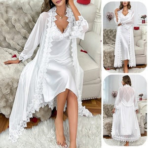 Wholesale Bridal Robes Dress 2 Pieces Set Satin Bridesmaid Wedding Mesh Sleeve White Silk Satin Robe Cardigan with Lace - Product Image 2