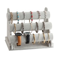 Support de Présentation de Luxe 3 Niveaux en Velours et Cuir PU Noir, Gris, Rouge pour Bijoux, Bracelets et Montres