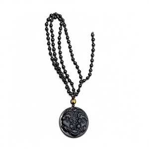 Colgante de obsidiana negra con dos Pixiu y cuentas de obsidiana (Mala) – Un símbolo de riqueza, protección y crecimiento espiritual – Gema - Product Image 2