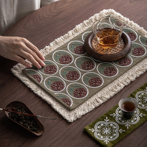 Tapete de té bordado estilo chino Guanlan, tela gruesa con bordes con flecos, tapete retro para mesa de té, aislante del calor para sala de té. - Product Image 3