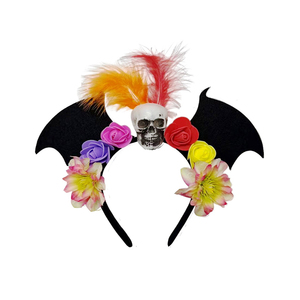 Serre-tête Gothique Halloween avec Ailes de Chauve-souris, Crâne, Plumes Florales et Fleurs de Rose Multicolores pour Costume de Cosplay - Product Image 1
