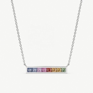 Nouveautés : Collier en Argent 925 Plaqué Or 14K avec Pendentif Barre Délicate en Saphir Arc-en-ciel et Zircon Cubique - Product Image 3